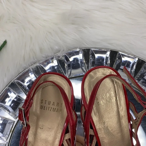 Stuart Weitzman Red Patent Cut Out Leather Open Toe Sandal Heels - Picture 6 of 7